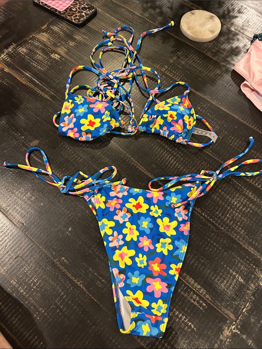 SHEIN Blue Floral Tie-Side String Bikini